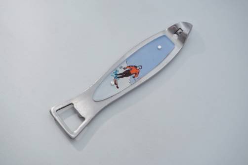 Vintage bottle can opener, skier, glass & steel, 1950`s ca French